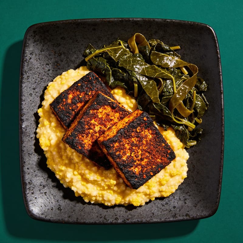 Blackened Tofu over Creamy Corn Grits
