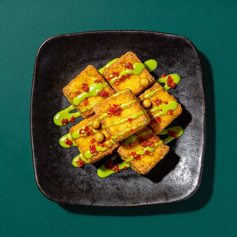 Crispy Shan Tofu (Chickpea Tofu) with Chili-Lime Drizzle
