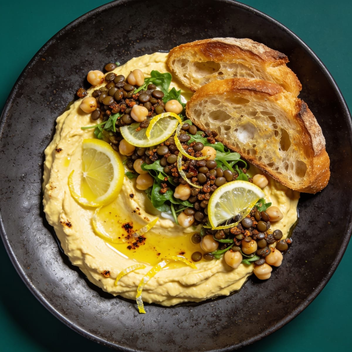 Double-Lemon Hummus with Crispy Lentils