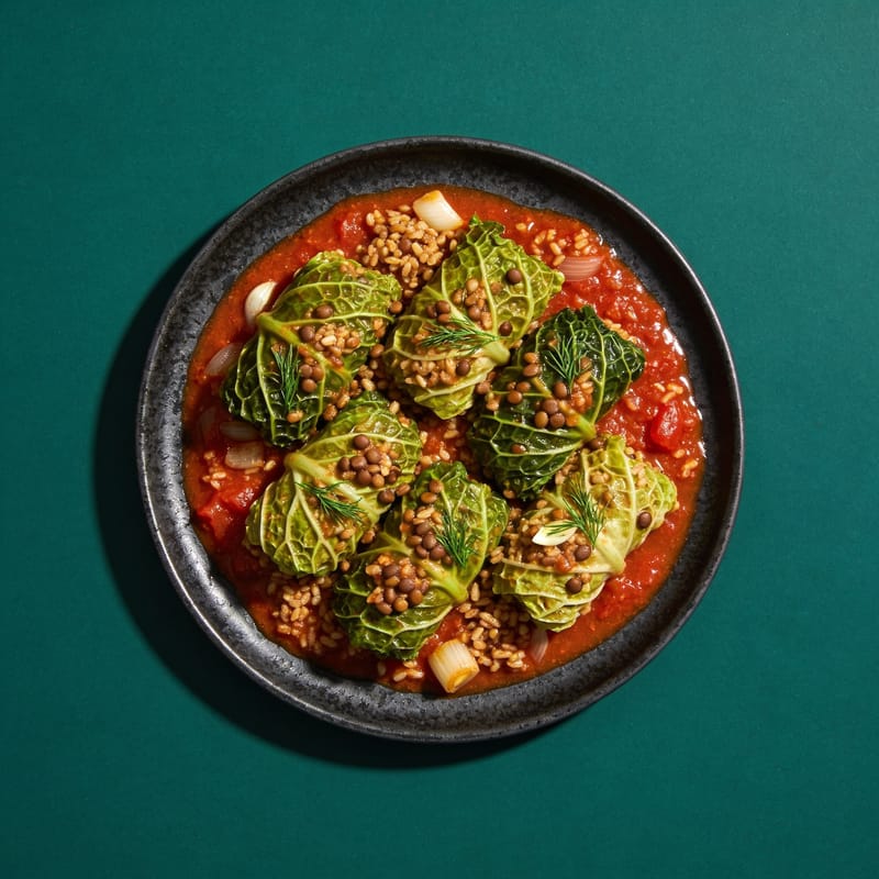 Tomato-Braised Stuffed Cabbage Rolls