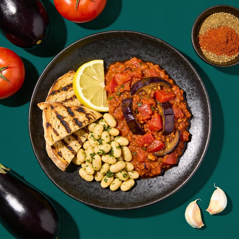 Zaalouk with Grilled Bread & Herbed Beans